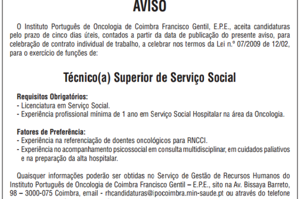 Instituto Português de Oncologia procura Assistente Social