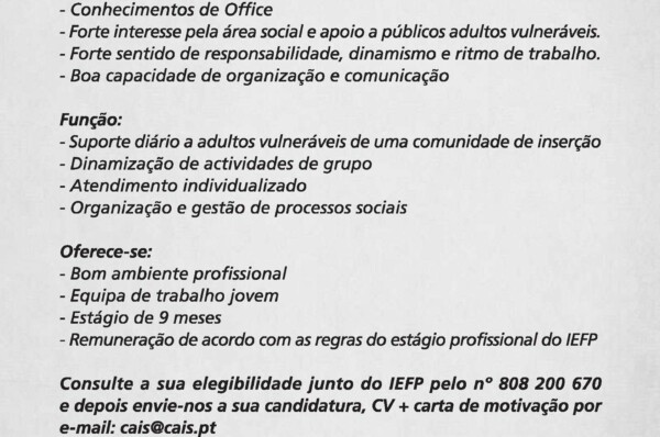 Estágio Profissional (IEFP) – Assistente Social: Marvila, Lisboa