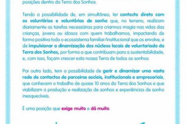 Terra dos Sonhos procura Responsável pela Coordenação nacional de voluntariado, gestão de parcerias sociais e produção de sonhos