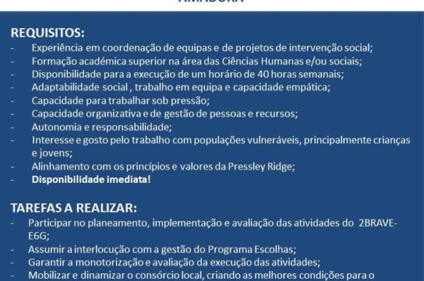 Associação procura Membro para Coordenação de projetos de Intervenção Social em Programa Escolhas