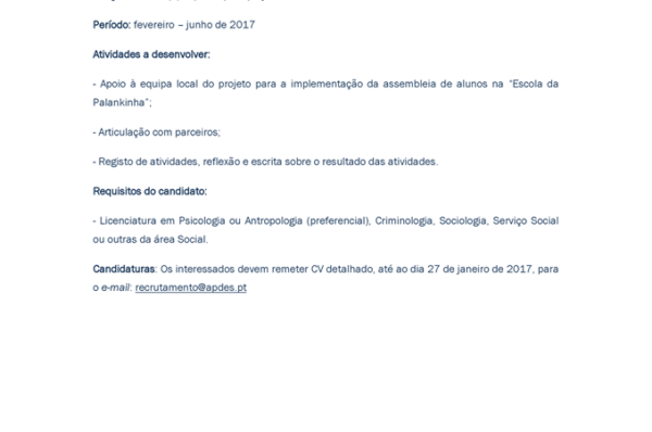 Vaga para Técnico/a Superior para projeto de Direitos Humanos – “Escola da Palankinha”