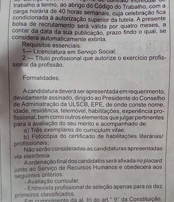 Unidade Local de Saúde Castelo Branco abre concurso para Assistente Social