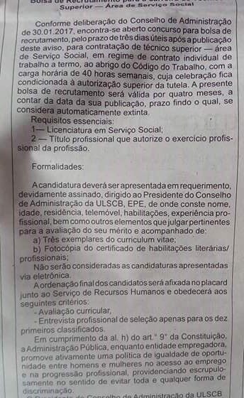  Unidade Local de Saúde Castelo Branco abre concurso para Assistente Social