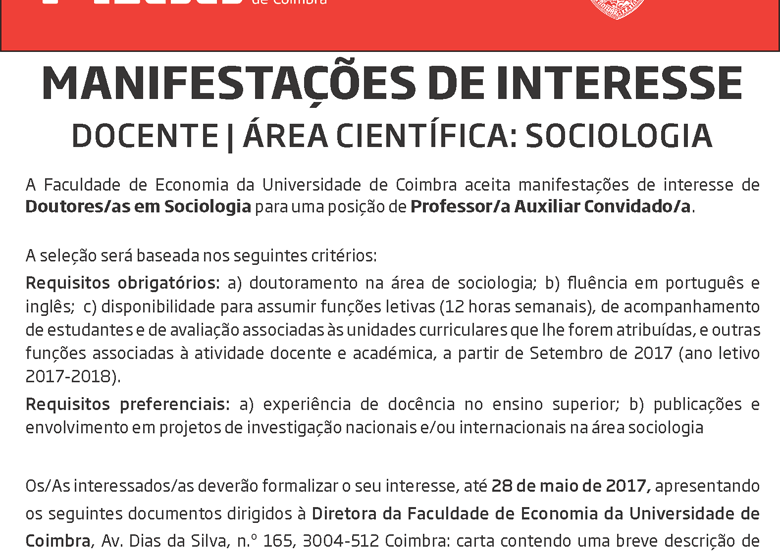  A FEUC está a aceitar Manifestações de Interesse para Professor/a Auxiliar Convidado/a na área Sociologia