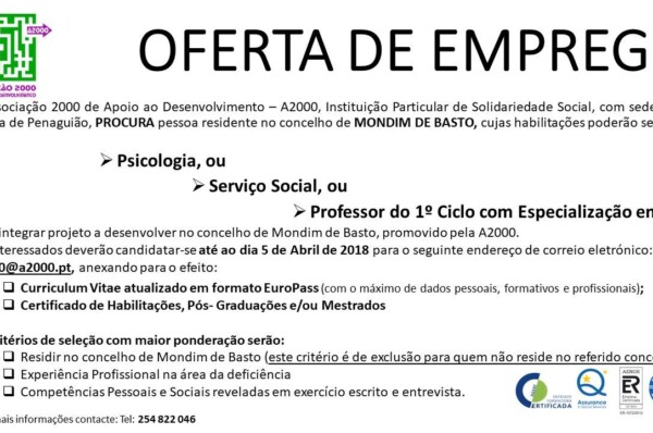 Associação 2000 encontra-se a recrutar Assistente Social ou Psicólogo ou Professor do 1º ciclo