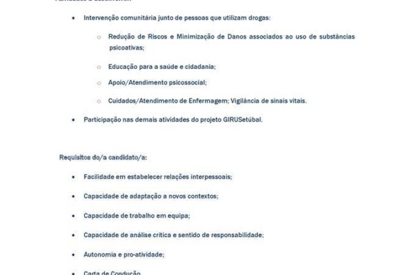 Vaga para o GIRUSetúbal – Enfermeiro(a) / Psicólogo(a) / Assistente Social / Sociólogo(a) / Outros(as) profissionais da área das Ciências Sociais