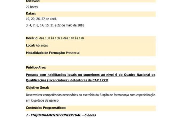 Formação de Formadores/as para obtenção de especialização em Igualdade de Género – 72h