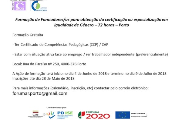 Formação de Formadores/as para obtenção da certificação ou especialização em Igualdade de Género – 72h  no Porto