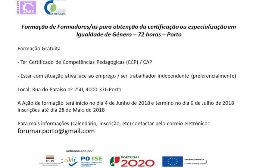  Formação de Formadores/as para obtenção da certificação ou especialização em Igualdade de Género – 72h  no Porto