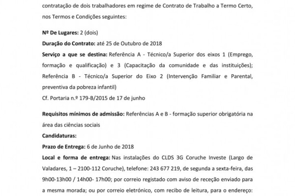 CLDS 3G Coruche encontra-se a recrutar 2 Técnicos/as Superiores