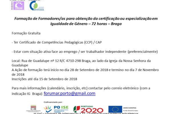 Formação de Formadores/as para obtenção da certificação ou especialização em igualdade de Género – Braga