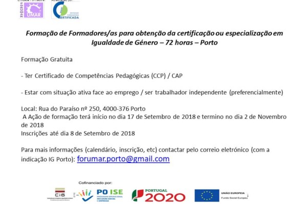 Formação de Formadores/as para obtenção da certificação ou especialização em igualdade de Género – Porto