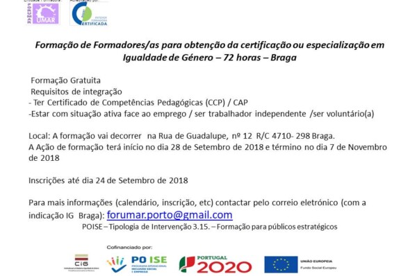 Formação de Formadores/as para obtenção de certificação ou especialização em igualdade de género.