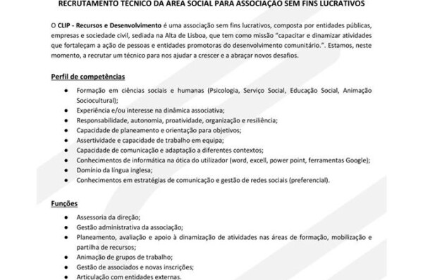 Associação encontra-se a recrutar Técnico Superior