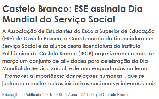 Notícia : Castelo Branco: ESE assinala Dia Mundial do Serviço Social