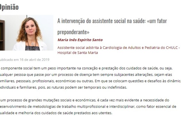 Artigo de Opinião ” A intervenção do assistente social na saúde: «um fator preponderante» “