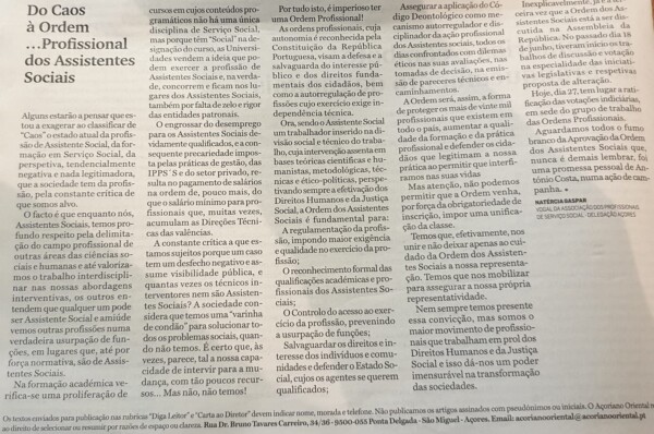 Artigo de Opinião ” Do Caos à Ordem dos Assistentes Sociais “