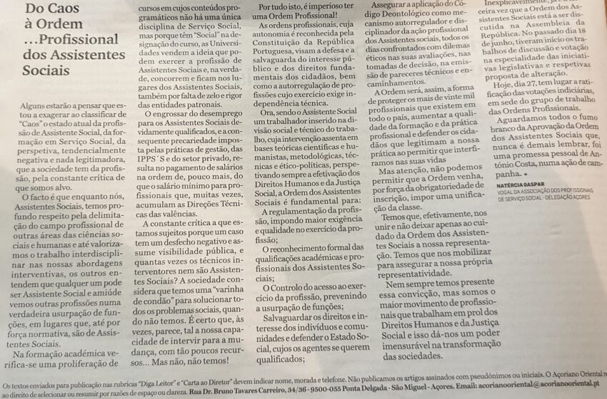 Artigo de Opinião ” Do Caos à Ordem dos Assistentes Sociais “