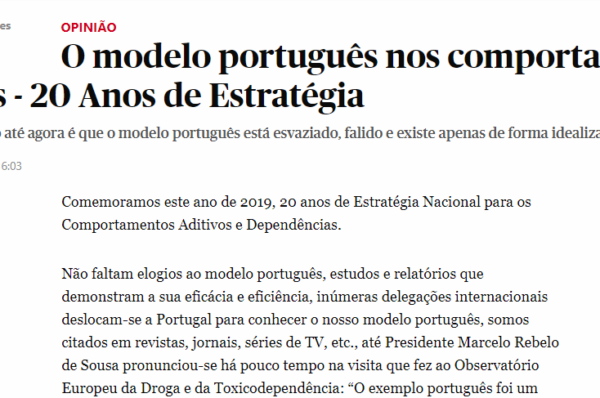 Artigo de Opinião ” O modelo português nos comportamentos aditivos – 20 Anos de Estratégia”