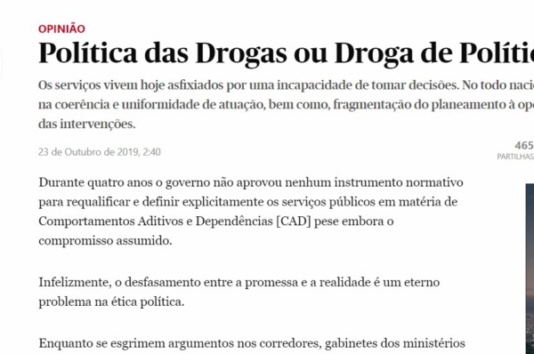 Artigo de Opinião : Política das Drogas ou Droga de Políticas , da autoria do Assistente Social Emídio Abrantes