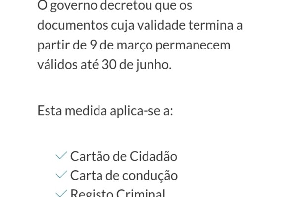 Documentos que expiram depois de 9 de março continuam válidos até 30 de junho (Cartão de Cidadão, Carta de condução, Registo Criminal, Certidões e Vistos de permanência)