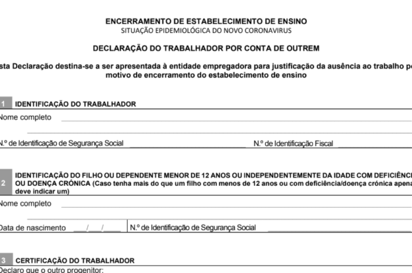 Covid 19 – Declaração do Trabalhador por Conta de Outrem – Encerramento de Estabelecimento de Ensino
