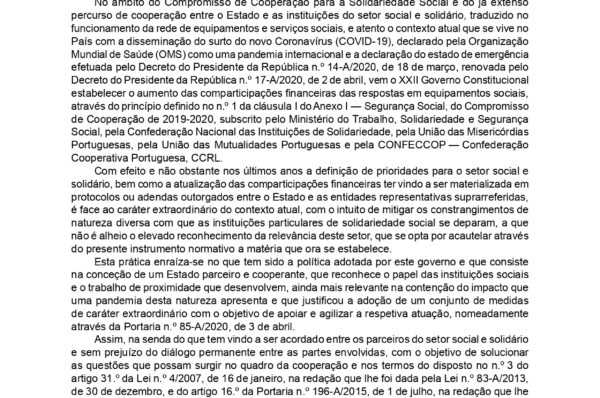 Aumento da Comparticipação Financeira da Segurança Social para as Respostas Sociais das IPSS em 2020 – 3,5%