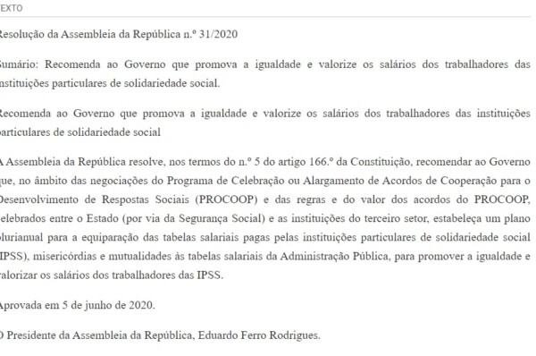 Assembleia da República recomenda ao Governo que promova a igualdade e valorize os salários dos trabalhadores das instituições particulares de solidariedade social