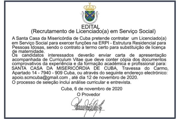Santa Casa da Misericórdia de Cuba encontra-se a recrutar Assistente Social