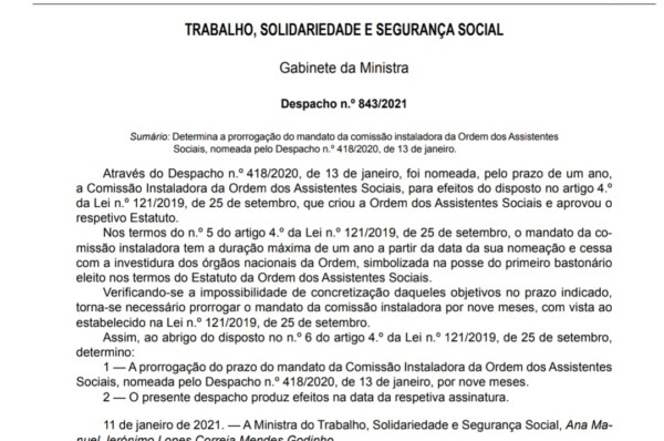 Despacho de prorrogação do mandato da comissão instaladora da Ordem dos Assistentes Sociais