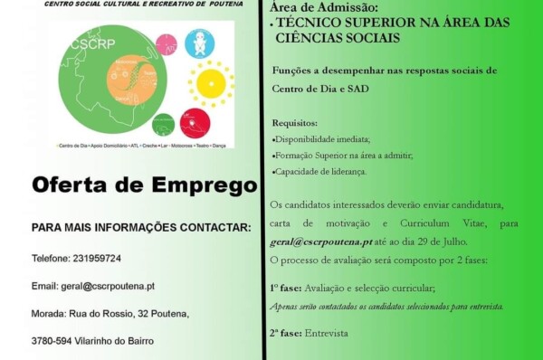 Centro Social de Poutena encontra-se a recrutar Técnico/a Superior