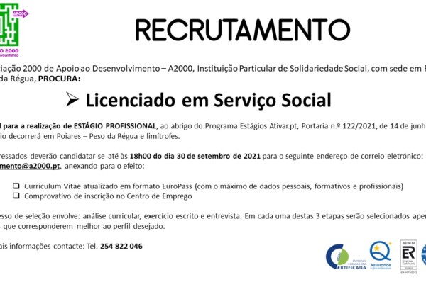 Associação 2000 encontra-se a recrutar Assistente Social