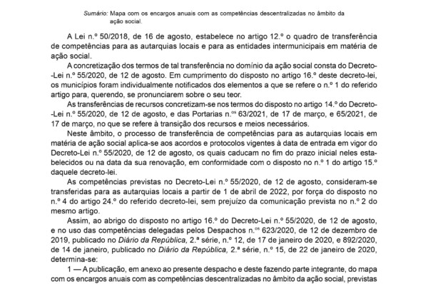 Despacho Conjunto dos responsáveis das Finanças, das Autarquias Locais e da Segurança Social com o Mapa com os encargos anuais com as competências descentralizadas no âmbito da Ação Social previsto no artigo nº 16 do Decreto-Lei nº 55/2020 de 12 de agosto.