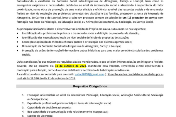 Comissao Social Inter-freguesias de Almagreira, Carriço e Louriçal encontra-se a recrutar Técnico/a das Áreas De Psicologia, Educação Social, Animação Sociocultural, Sociologia, Serviço Social
