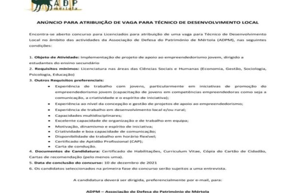 CLDS de Castro Verde encontra-se a recrutar Técnico(a) de desenvolvimento local