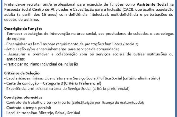 Cercisa encontra-se a recrutar Assistente Social
