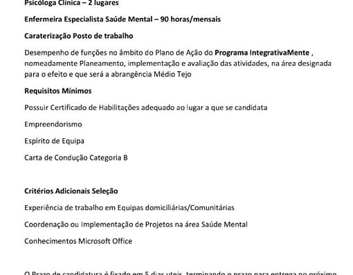 Associação de Saúde Mental do Médio Tejo encontra-se a recrutar 2 Assistentes Sociais e 2 Psicólogos/as