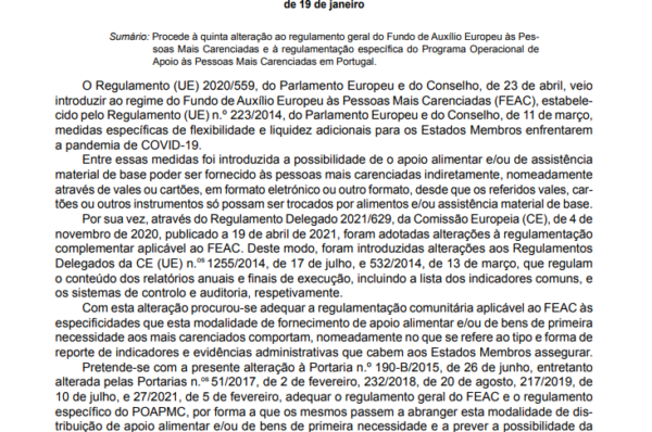 Portaria : Procede à quinta alteração ao regulamento Fundo de Auxílio Europeu às Pessoas Mais Carenciadas (FEAC)