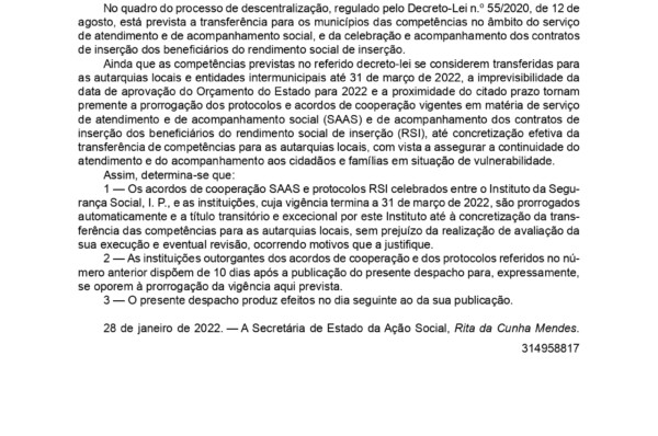 Despacho de 28 de janeiro de 2022 – Altera o prazo de vigência dos acordos de cooperação para o SAAS e dos protocolos RSI celebrados entre os CDist. e Instituições
