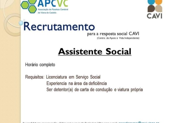 A APCVC Associação de Paralisia Cerebral de Viana do Castelo está a recrutar um Assistente Social