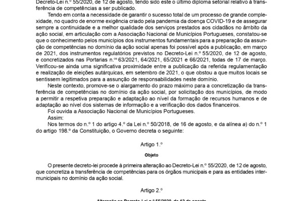 Prorroga o prazo de transferência das competências para as autarquias locais e entidades intermunicipais no domínio da ação social até 1 de Janeiro de 2023
