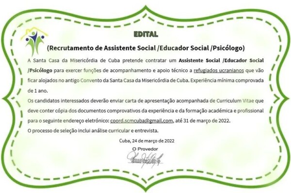 Santa Casa da Misericórdia de Cuba encontra-se a recrutar Assistente Social, Educador/a Social ou Psicólogo/a