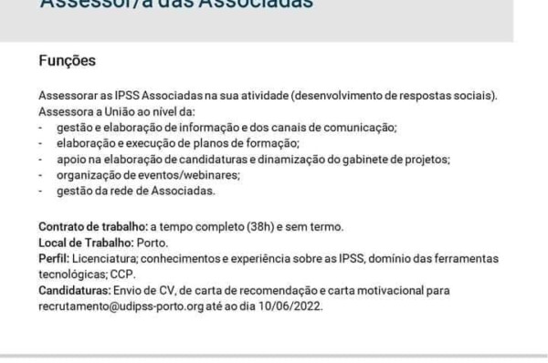 UDIPSS Porto encontra-se a recrutar Assesor/a de Associados