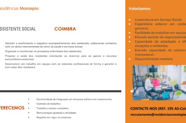 Residências Montepio de Coimbra encontra-se a recrutar Assistente Social