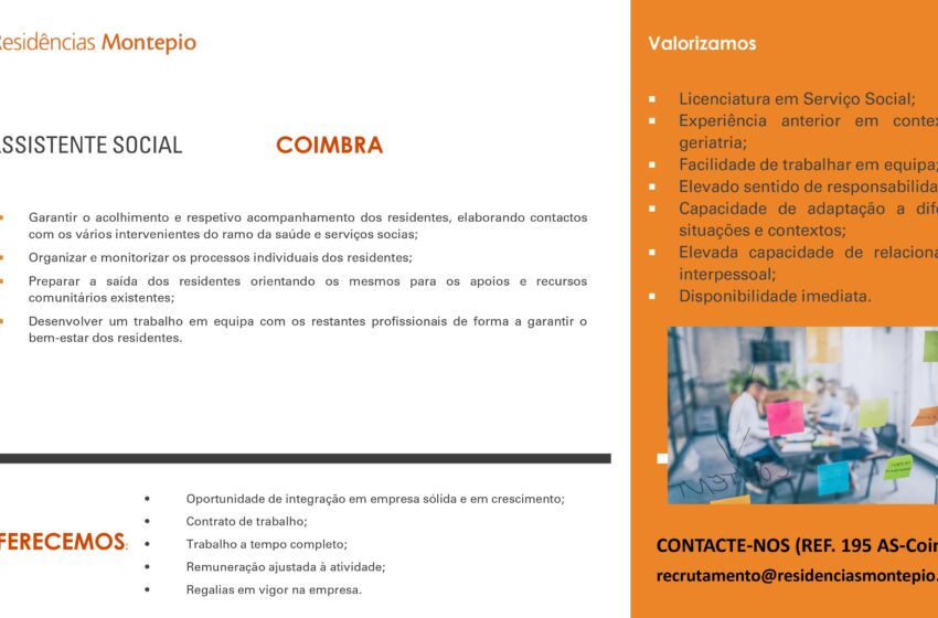  Residências Montepio de Coimbra encontra-se a recrutar Assistente Social