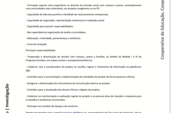 Ecos encontra-se a recrutar para Programa Escolhas