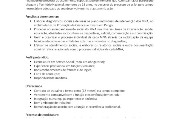 Conselho Português para Refugiados encontra-se a recrutar Assistente Social