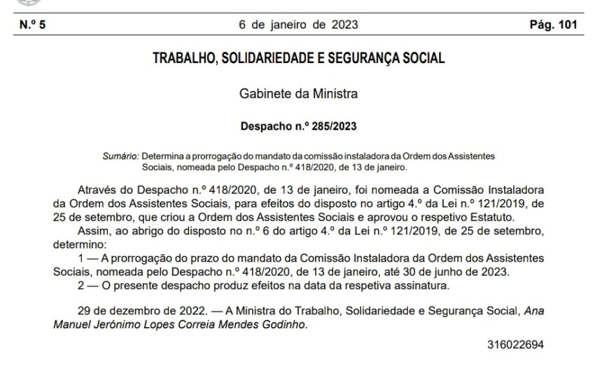  Determina a prorrogação do mandato da comissão instaladora da Ordem dos Assistentes Sociais