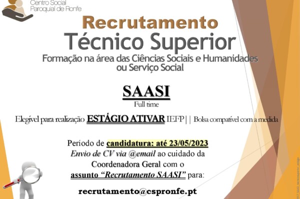 Centro Social Paroquial de Ronfe encontra-se a recrutar Assistente Social