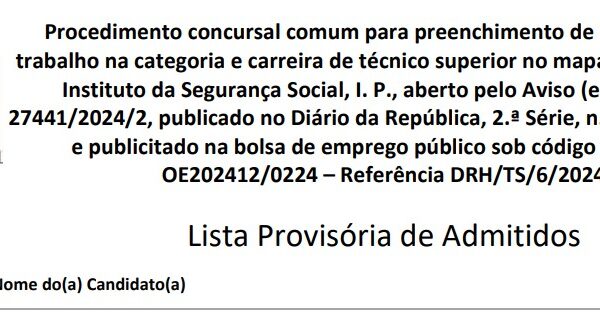 Lista Provisória de Admitidos – Procedimento concursal comum para preenchimento de 78 postos de trabalho na categoria e carreira de técnico superior no mapa de pessoal do Instituto da Segurança Social , I. P